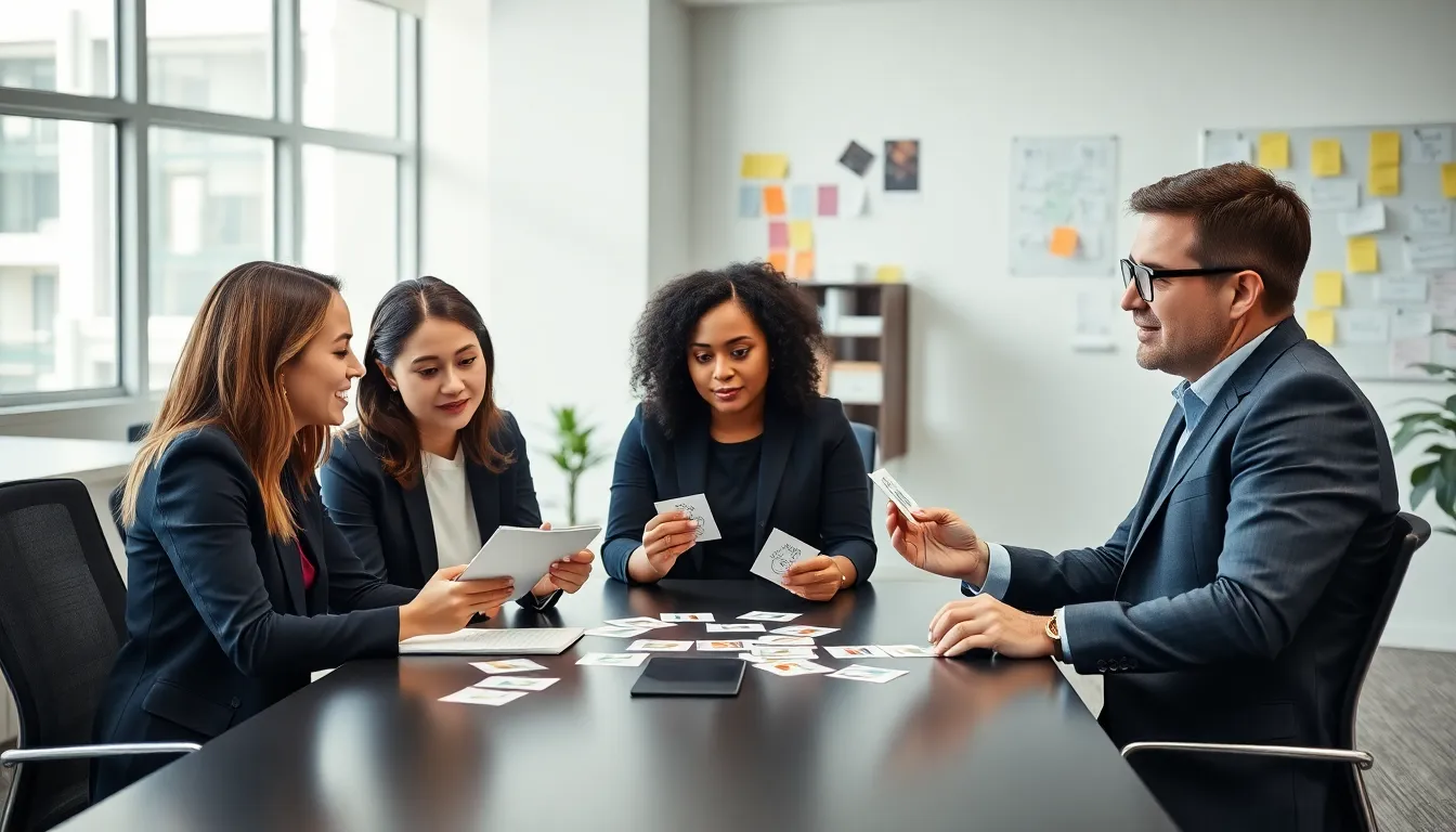 diverse team collaborating with creative thinking cards in a modern office.