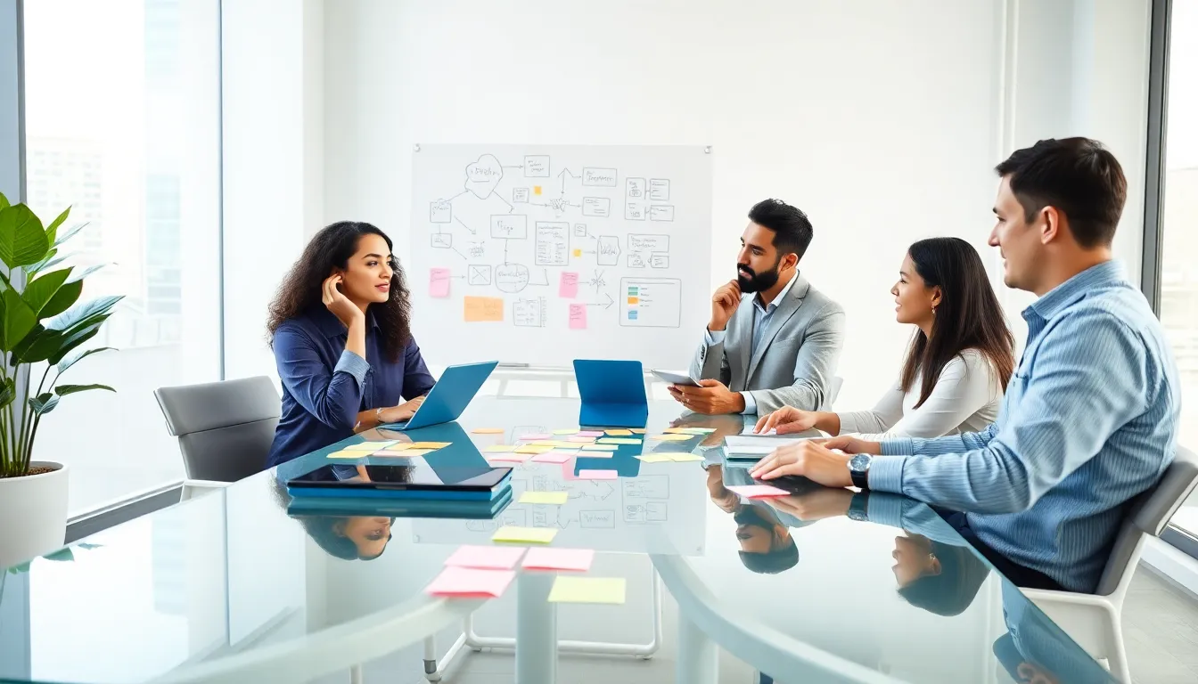 diverse professionals brainstorming in a modern office space.