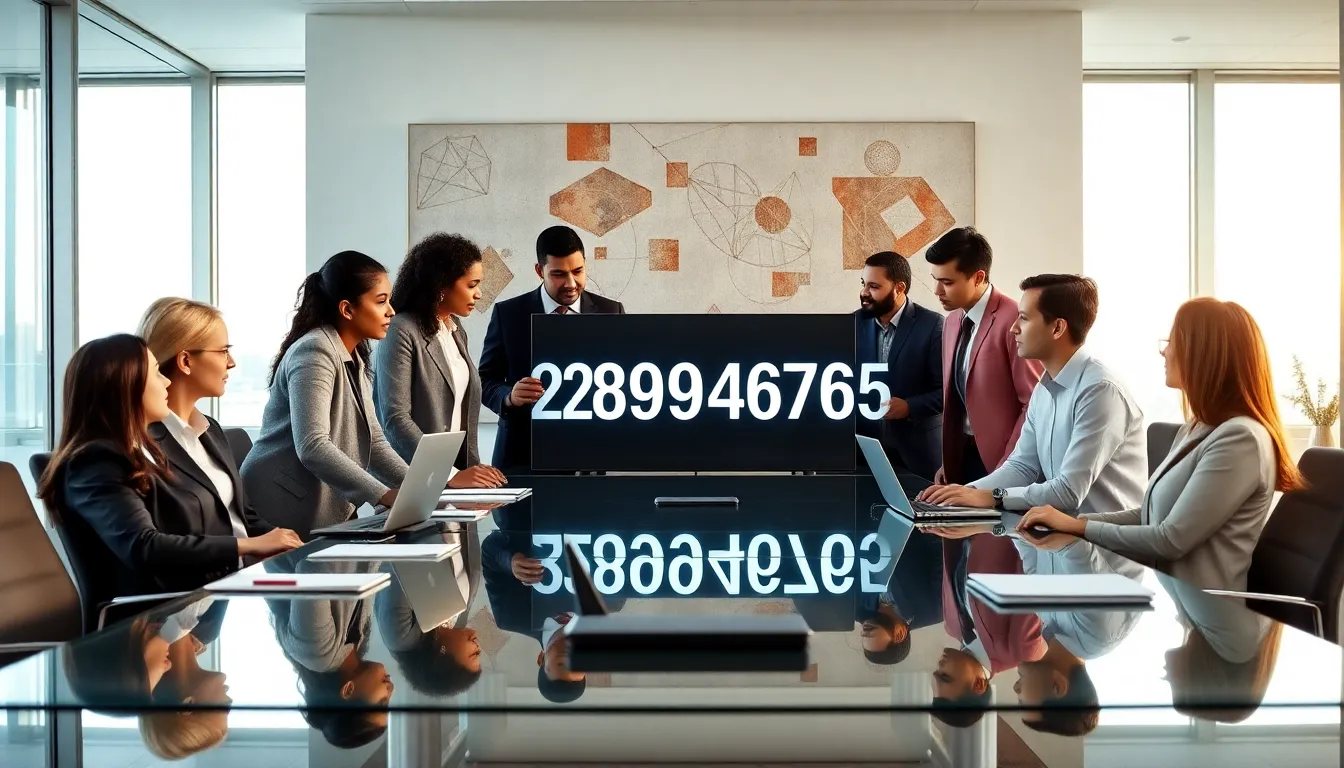 professionals discussing the significance of a number in a modern office.